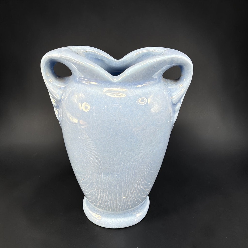 Vintage 1980s Blue Ceramic Heart Rim Mini Bud Vase Double Handle 3 inch Vessel